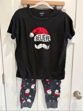 Old Navy Black Top & Dark Gray Santa Print Pajama Set